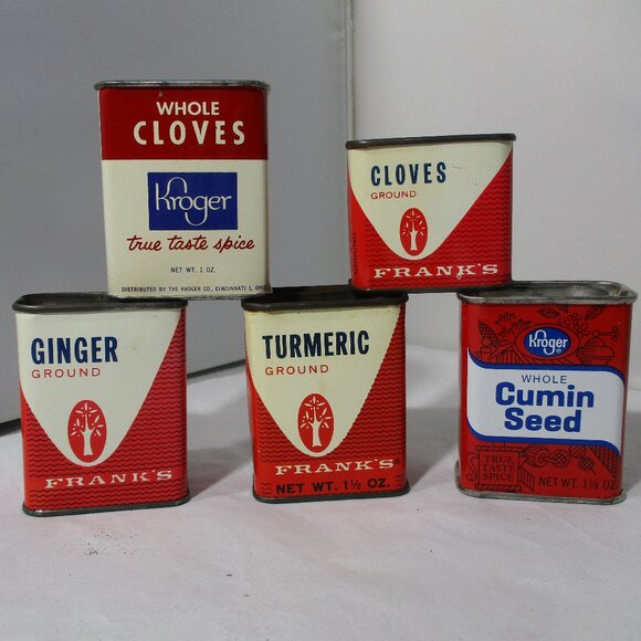 Lot of 5 Vintage OLD Metal Spice Kroger Franks Cans Tins - Picture 2 of 5